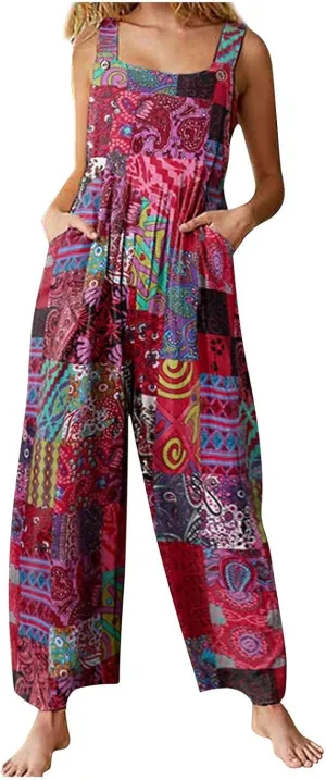 Rompers for Women 2025 Summer Floral Print Boho Overalls Loose fit Wide Leg Long Jumpsuits with Pockets