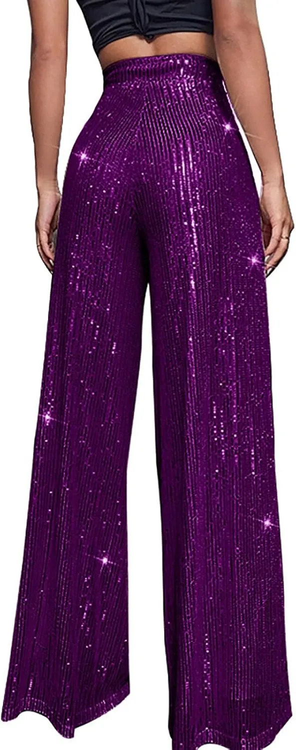 Sequin Pants Women 2024 Fashion High Waisted Sparkly Glitter Wide Leg Pants Casual Plus Size Loose Comfy Trousers