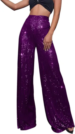 Sequin Pants Women 2024 Fashion High Waisted Sparkly Glitter Wide Leg Pants Casual Plus Size Loose Comfy Trousers