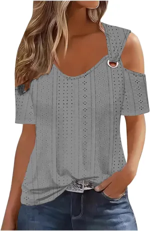 Sexy Cold Sholuder Tops for Women 2025 Summer Hollow Out Eyelet Short Sleeve Blouse Loose V Neck Tshirt Casual Tunics