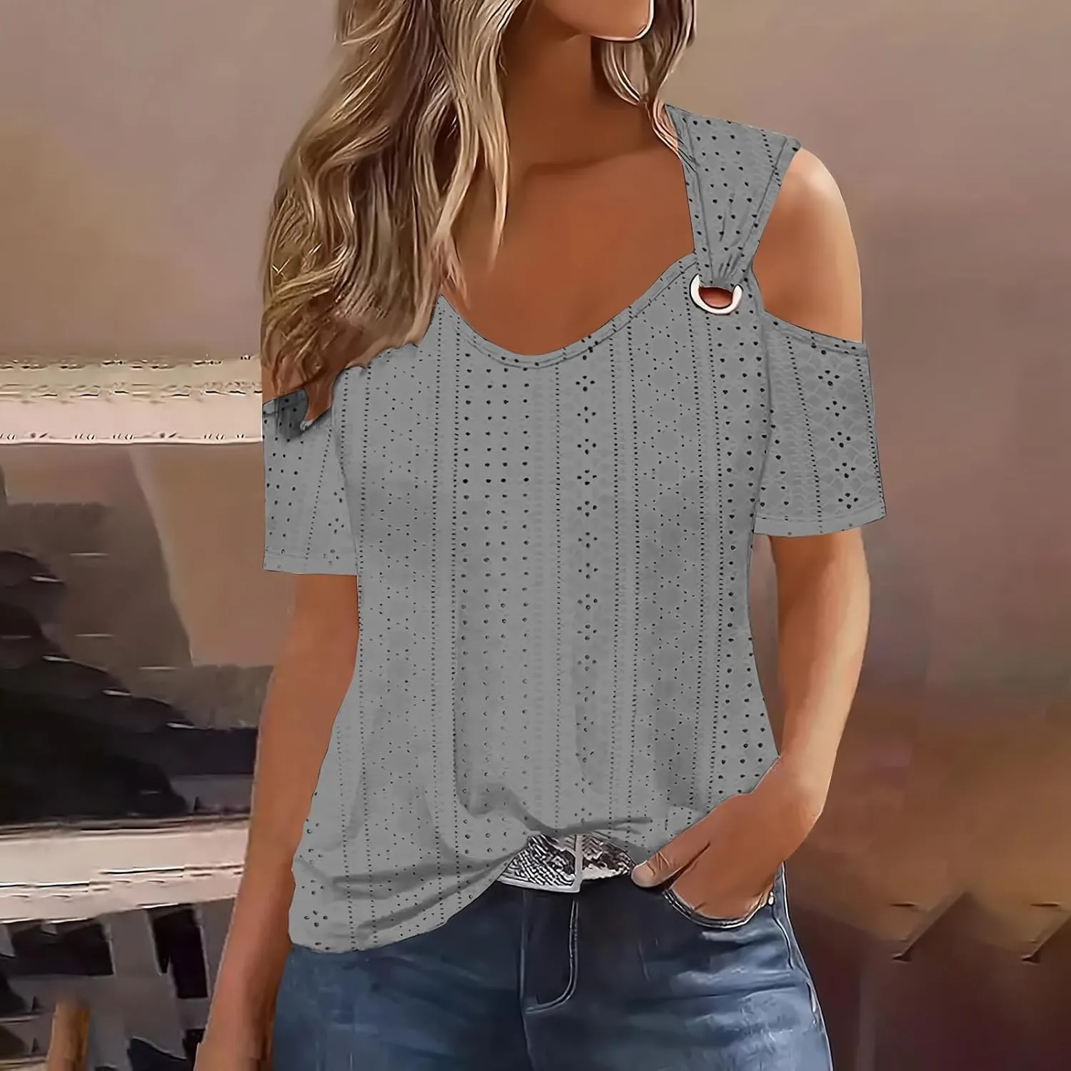 Sexy Cold Sholuder Tops for Women 2025 Summer Hollow Out Eyelet Short Sleeve Blouse Loose V Neck Tshirt Casual Tunics