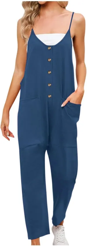 SMIDOW Jumpsuit For Women Dressy Casual Loose Sleeveless Spaghetti Strap Stretchy Wide Leg Long Pant Romper With Pockets