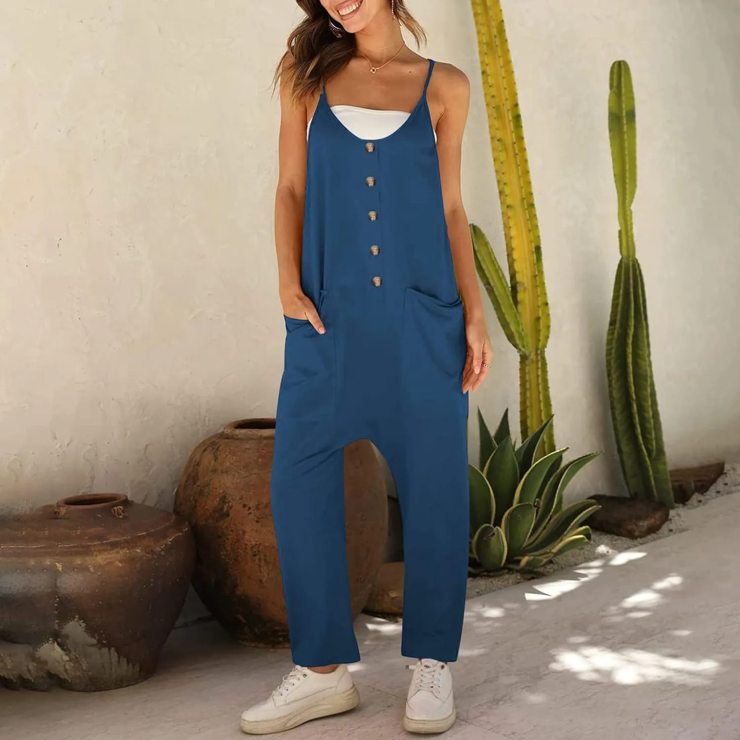 SMIDOW Jumpsuit For Women Dressy Casual Loose Sleeveless Spaghetti Strap Stretchy Wide Leg Long Pant Romper With Pockets