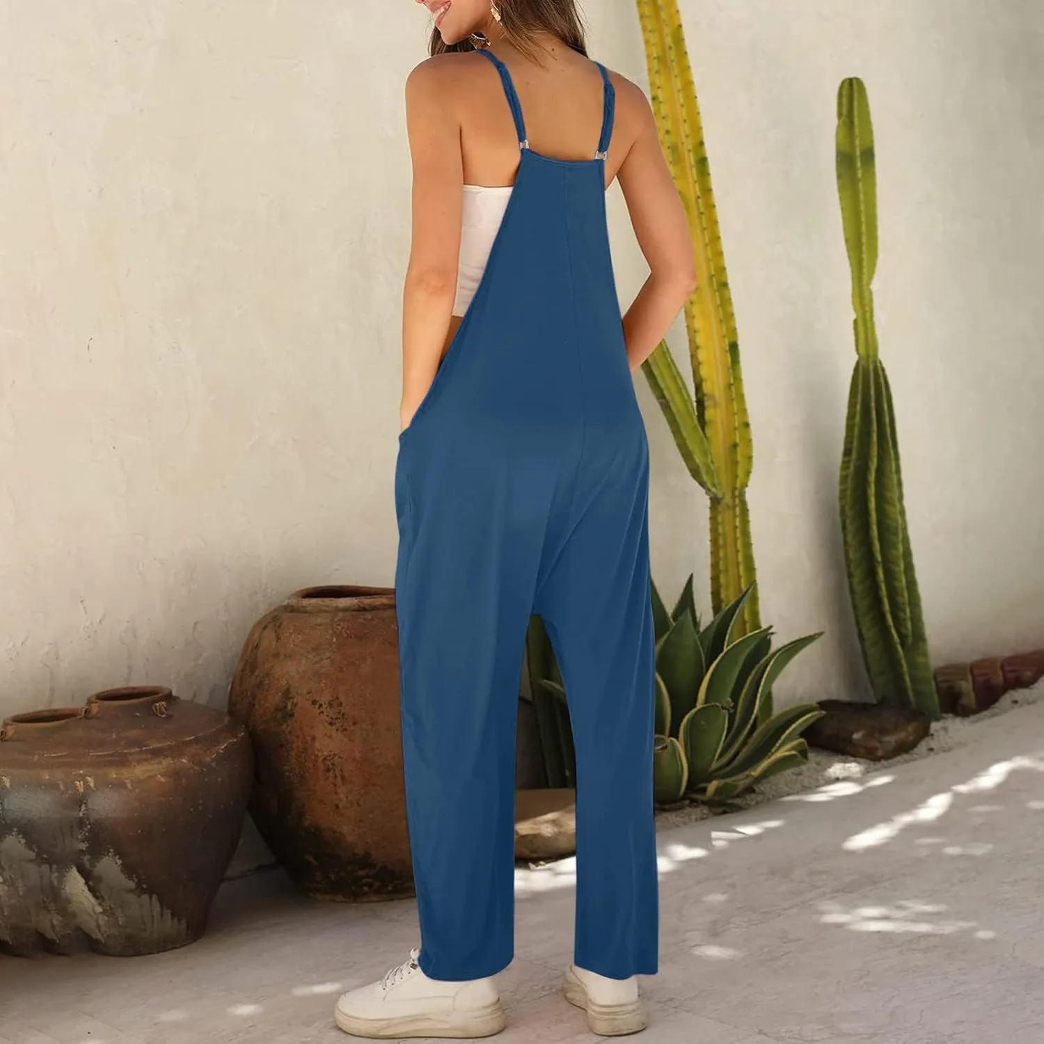 SMIDOW Jumpsuit For Women Dressy Casual Loose Sleeveless Spaghetti Strap Stretchy Wide Leg Long Pant Romper With Pockets