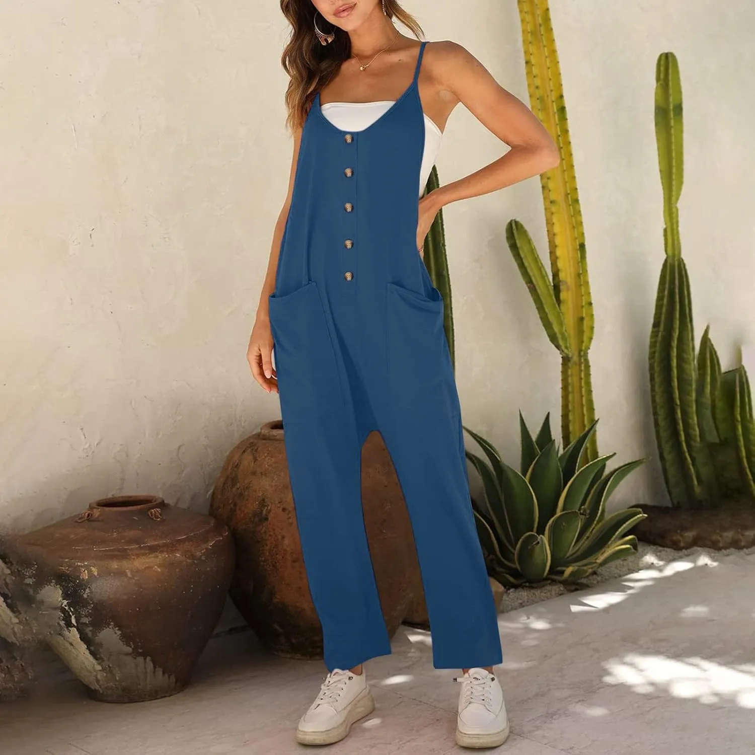 SMIDOW Jumpsuit For Women Dressy Casual Loose Sleeveless Spaghetti Strap Stretchy Wide Leg Long Pant Romper With Pockets