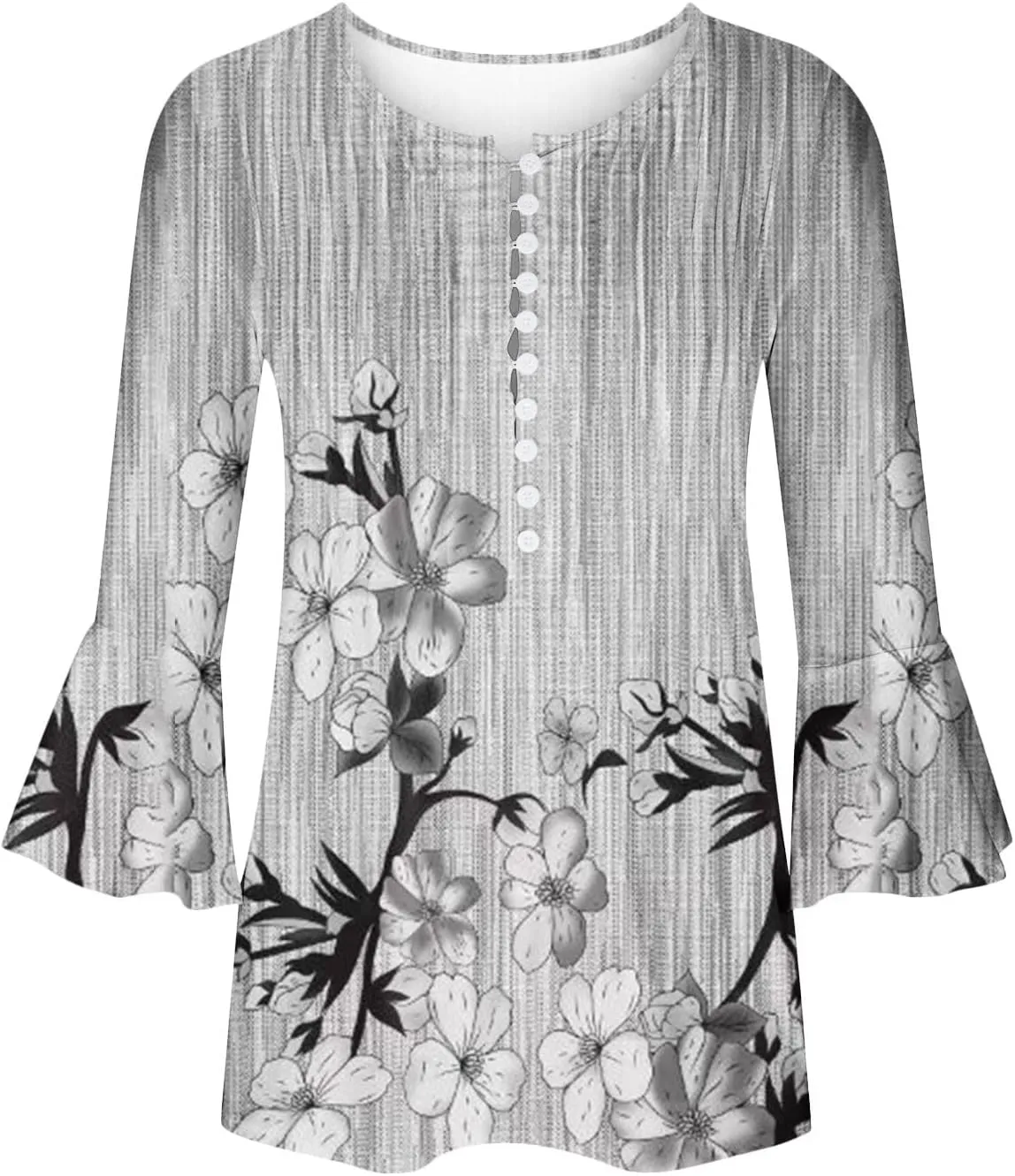 SMIDOW Tunic Tops for Women Loose Fit Spring Henley v Neck Shirt 3/4 Bell Sleeve Bohemian Floral Print t-Shirt Blouse Trendy