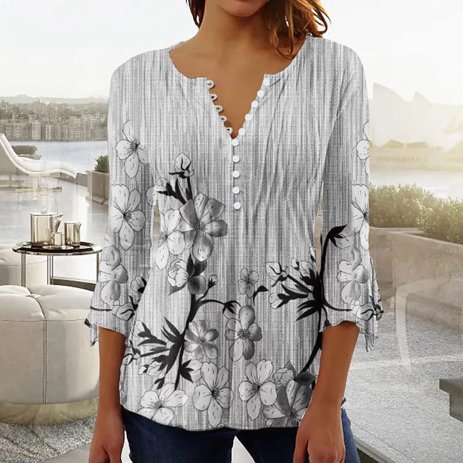 SMIDOW Tunic Tops for Women Loose Fit Spring Henley v Neck Shirt 3/4 Bell Sleeve Bohemian Floral Print t-Shirt Blouse Trendy