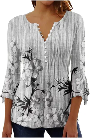 SMIDOW Tunic Tops for Women Loose Fit Spring Henley v Neck Shirt 3/4 Bell Sleeve Bohemian Floral Print t-Shirt Blouse Trendy