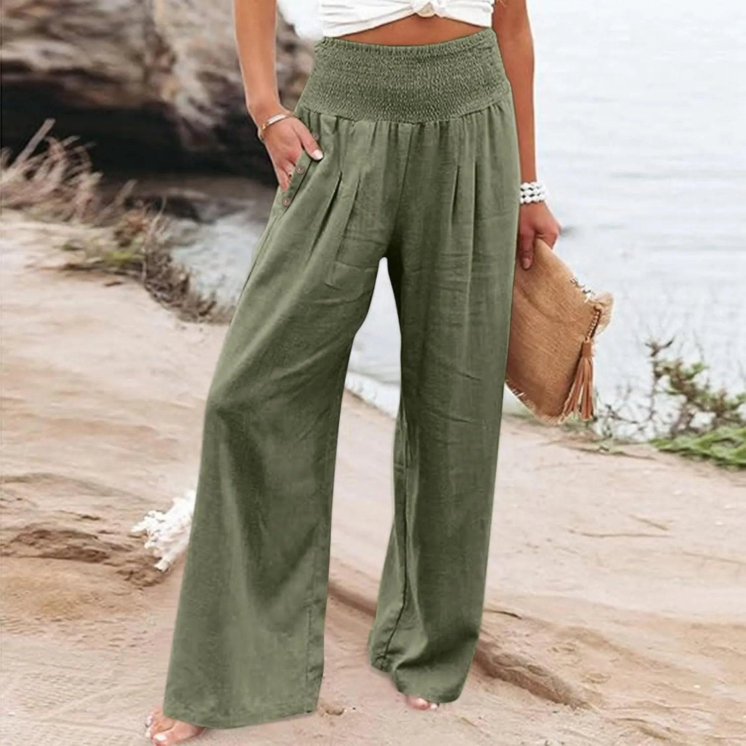 Striped Linen Pants Women Summer Casual Loose Drawstring Wide Leg Work Pants 2025 Beach Elastic Waist Palazzo Slacks