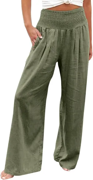Striped Linen Pants Women Summer Casual Loose Drawstring Wide Leg Work Pants 2025 Beach Elastic Waist Palazzo Slacks