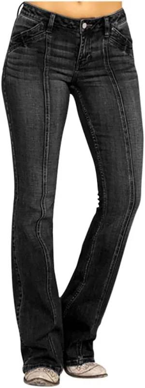 Stylish Flare Dress Jean Women Comfy Stretch Frayed Mid Rise Full Length Trouser Tapered Skinny Fit Ankle Denim Pant Black