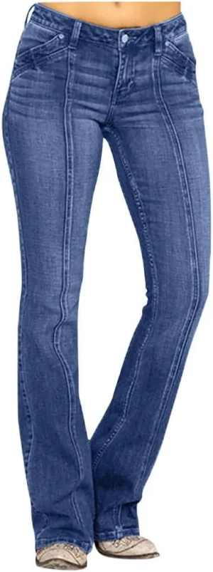 Stylish Flare Dress Jean Women Comfy Stretch Frayed Mid Rise Full Length Trouser Tapered Skinny Fit Ankle Denim Pant Blue