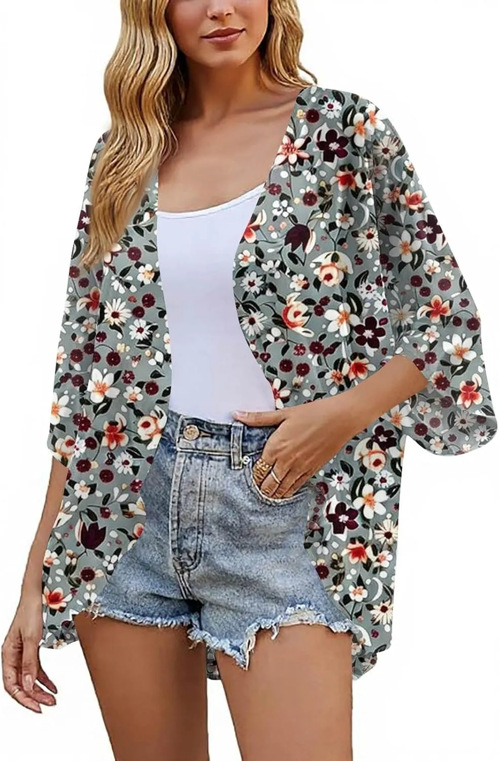 Summer Long Cardigans for Women Lightweight 3/4 Sleeve Trendy Ruched Flowy Floral Coats Casual Open Front Cardigan