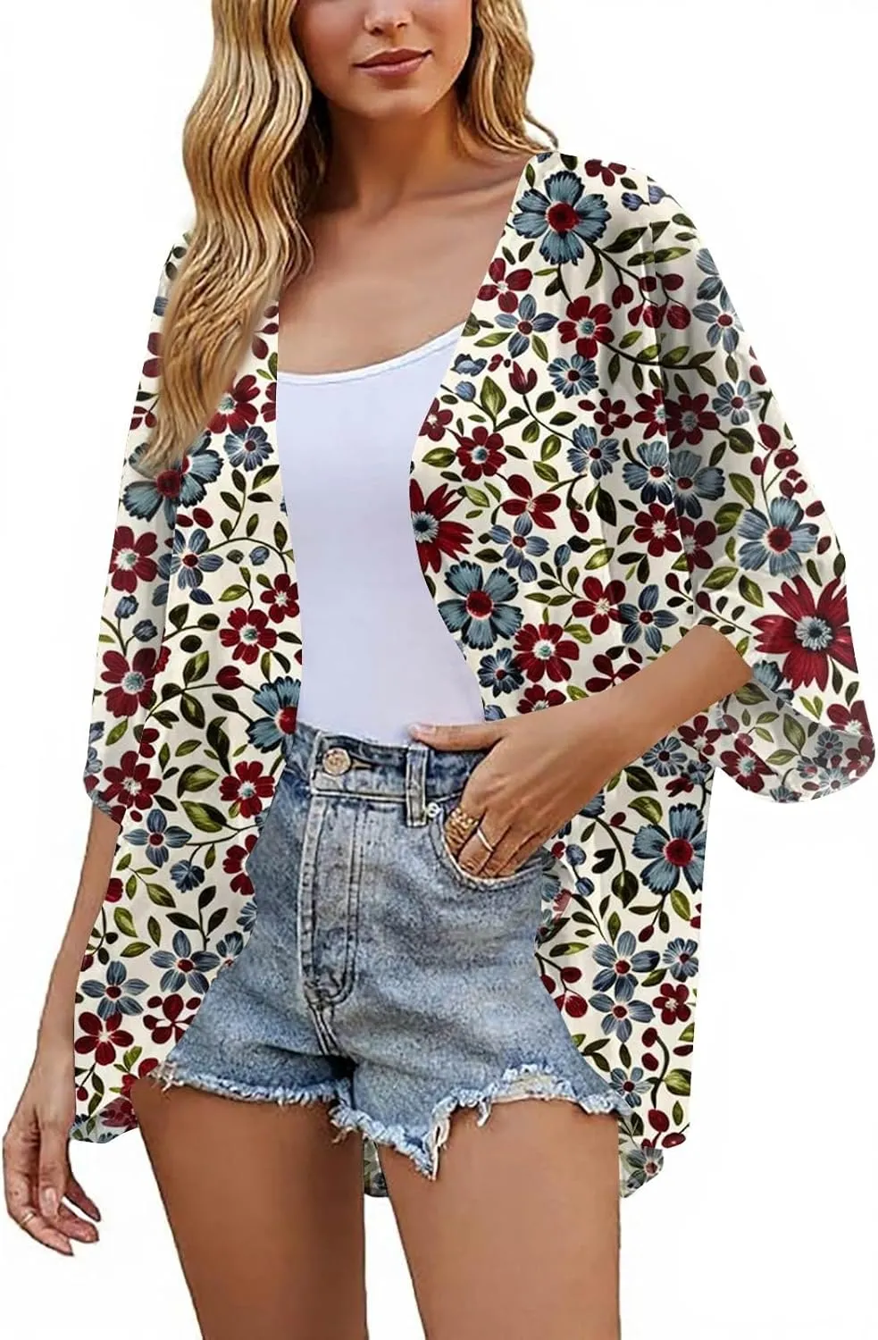 Summer Long Cardigans for Women Lightweight 3/4 Sleeve Trendy Ruched Flowy Floral Coats Casual Open Front Cardigan