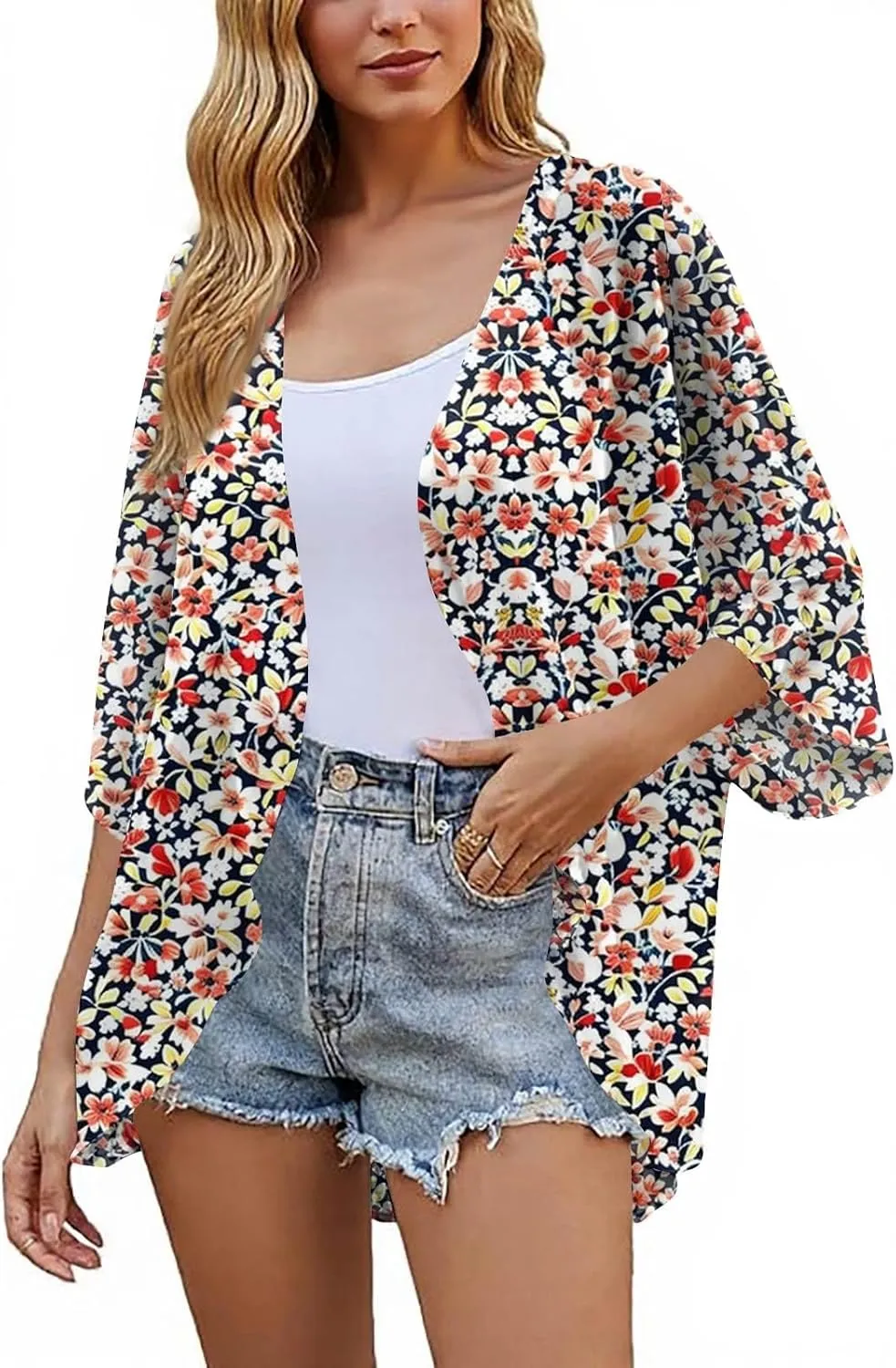 Summer Long Cardigans for Women Lightweight 3/4 Sleeve Trendy Ruched Flowy Floral Coats Casual Open Front Cardigan