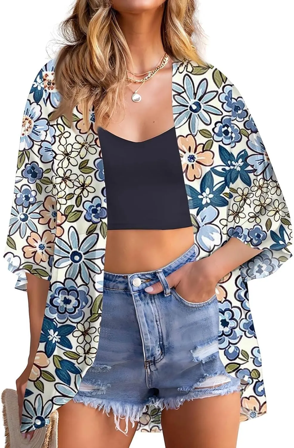 Summer Long Cardigans for Women Lightweight 3/4 Sleeve Trendy Ruched Flowy Floral Coats Casual Open Front Cardigan