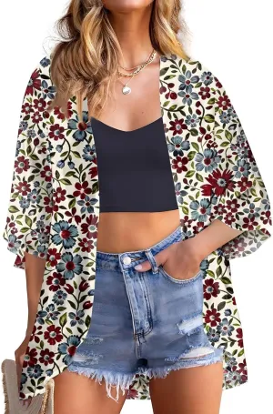 Summer Long Cardigans for Women Lightweight 3/4 Sleeve Trendy Ruched Flowy Floral Coats Casual Open Front Cardigan