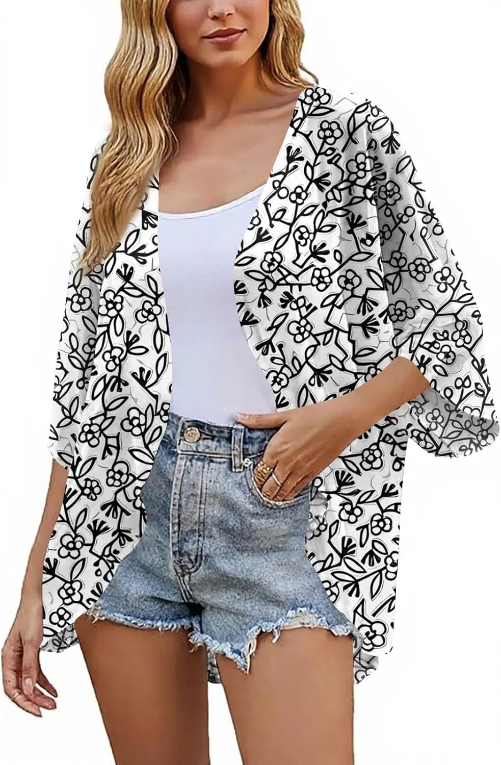 Summer Long Cardigans for Women Lightweight 3/4 Sleeve Trendy Ruched Flowy Floral Coats Casual Open Front Cardigan