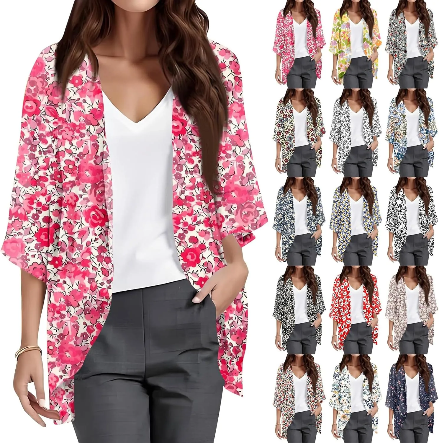 Summer Long Cardigans for Women Lightweight 3/4 Sleeve Trendy Ruched Flowy Floral Coats Casual Open Front Cardigan