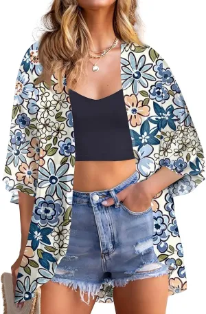 Summer Long Cardigans for Women Lightweight 3/4 Sleeve Trendy Ruched Flowy Floral Coats Casual Open Front Cardigan