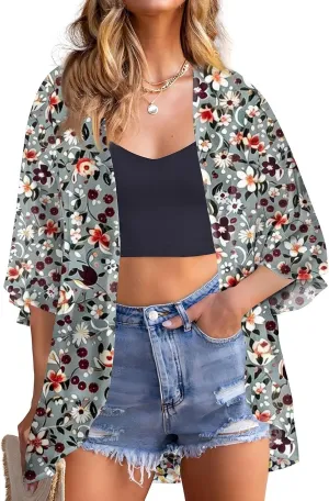 Summer Long Cardigans for Women Lightweight 3/4 Sleeve Trendy Ruched Flowy Floral Coats Casual Open Front Cardigan