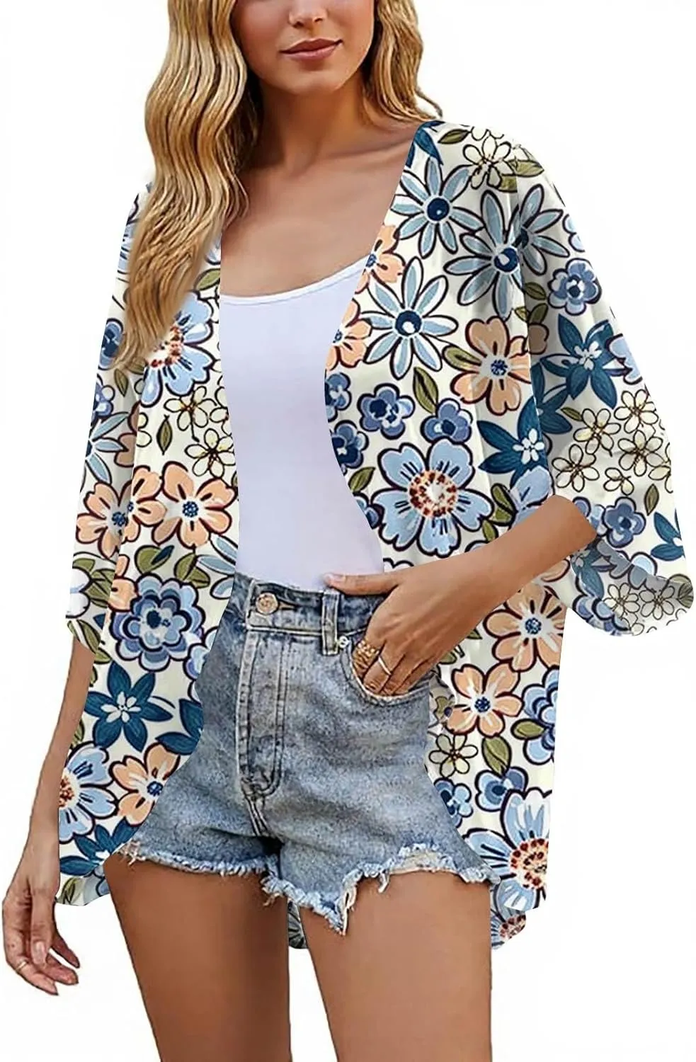 Summer Long Cardigans for Women Lightweight 3/4 Sleeve Trendy Ruched Flowy Floral Coats Casual Open Front Cardigan