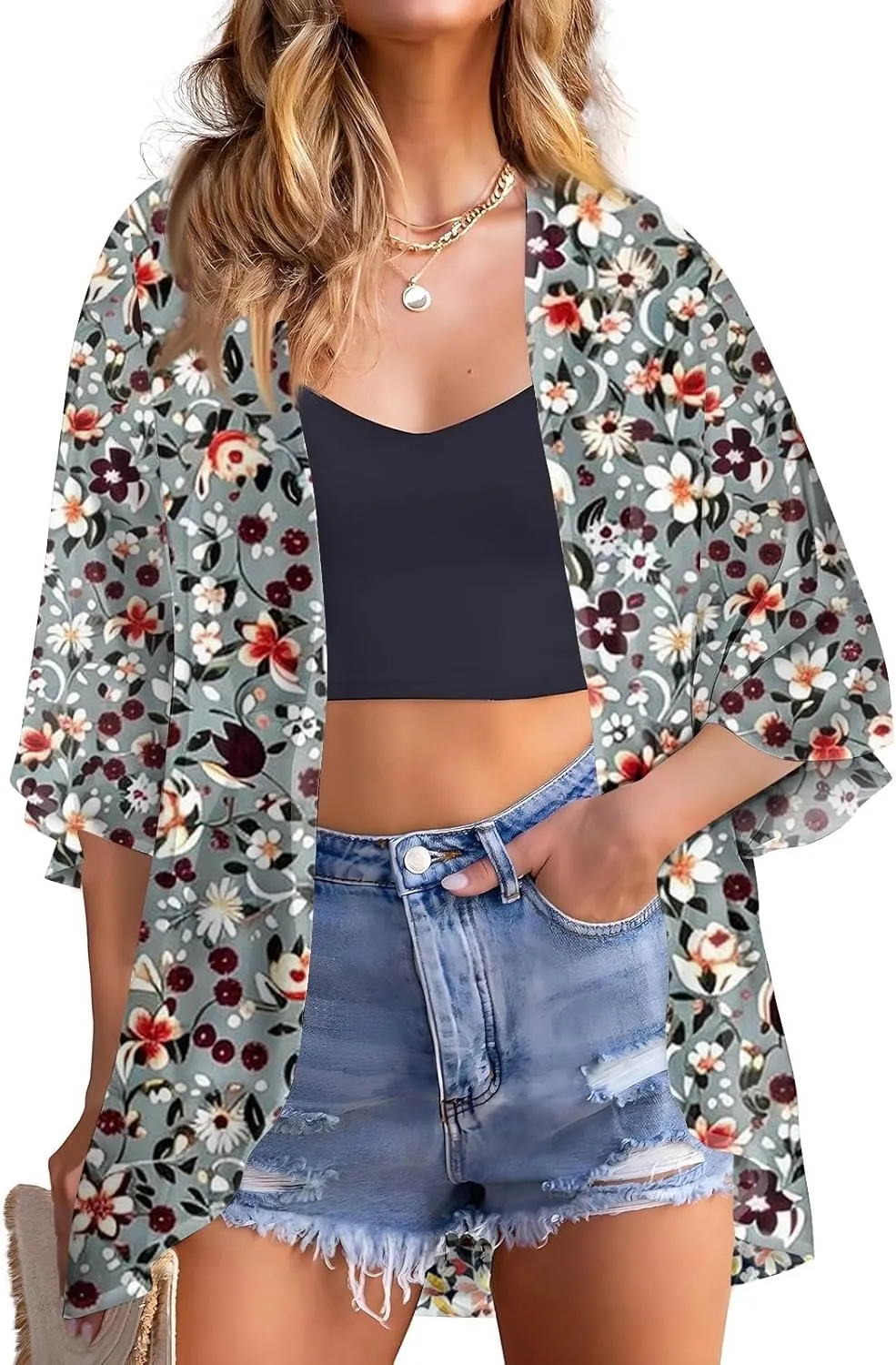 Summer Long Cardigans for Women Lightweight 3/4 Sleeve Trendy Ruched Flowy Floral Coats Casual Open Front Cardigan