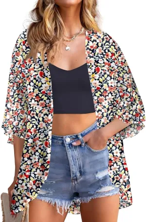 Summer Long Cardigans for Women Lightweight 3/4 Sleeve Trendy Ruched Flowy Floral Coats Casual Open Front Cardigan
