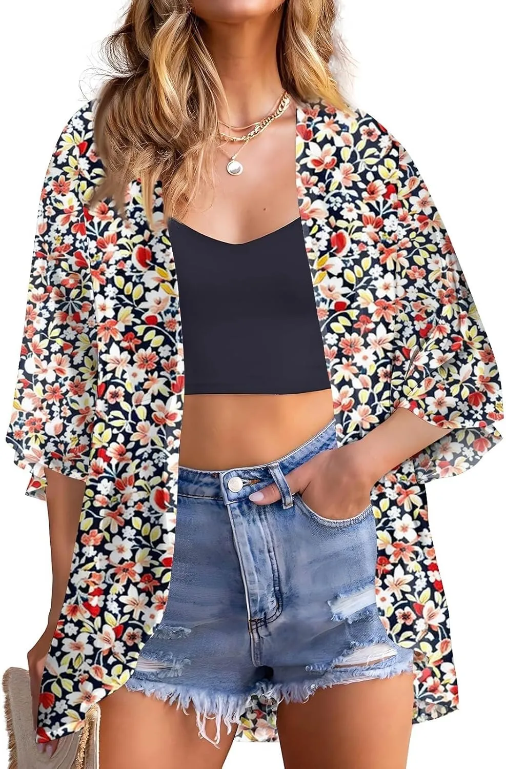 Summer Long Cardigans for Women Lightweight 3/4 Sleeve Trendy Ruched Flowy Floral Coats Casual Open Front Cardigan
