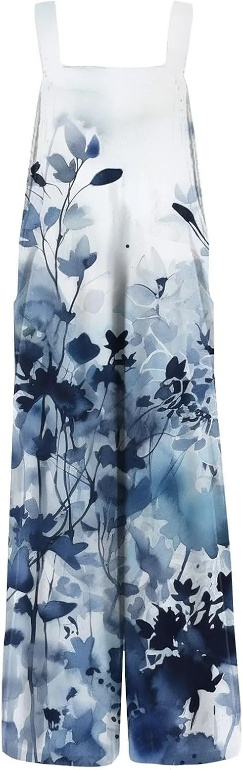 Summer Overalls for Women 2025 Patchwork Wide Leg Hippie Boho Flower Jumpsuits Comfy Flowy Beach Clothes Cute Rompers
