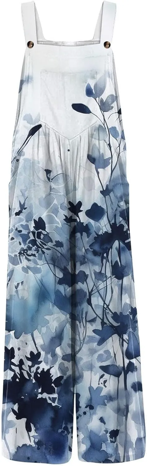 Summer Overalls for Women 2025 Patchwork Wide Leg Hippie Boho Flower Jumpsuits Comfy Flowy Beach Clothes Cute Rompers