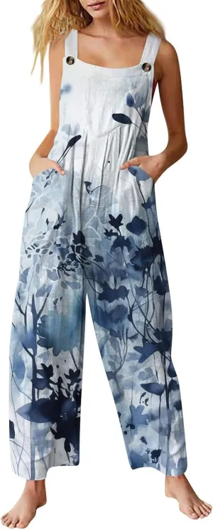 Summer Overalls for Women 2025 Patchwork Wide Leg Hippie Boho Flower Jumpsuits Comfy Flowy Beach Clothes Cute Rompers