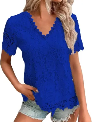 Summer Tops for Women 2024 Lace Crochet Embroidery Crewneck T Shirts Dressy Casual Short Sleeve Elegant Work Blouses