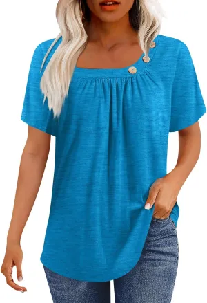 Summer Tops for Women 2025 Short Sleeve Shirts Dressy Casual Loose Fitted T-Shirts Button Decor Plain Tunic Tops Blouse