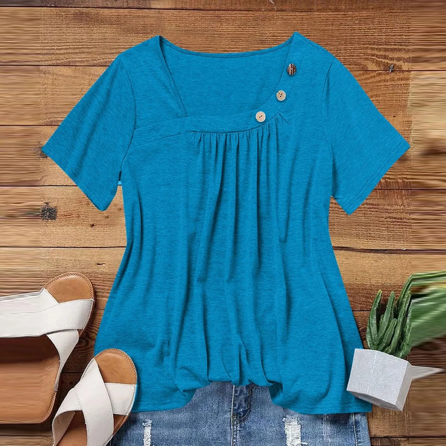Summer Tops for Women 2025 Short Sleeve Shirts Dressy Casual Loose Fitted T-Shirts Button Decor Plain Tunic Tops Blouse