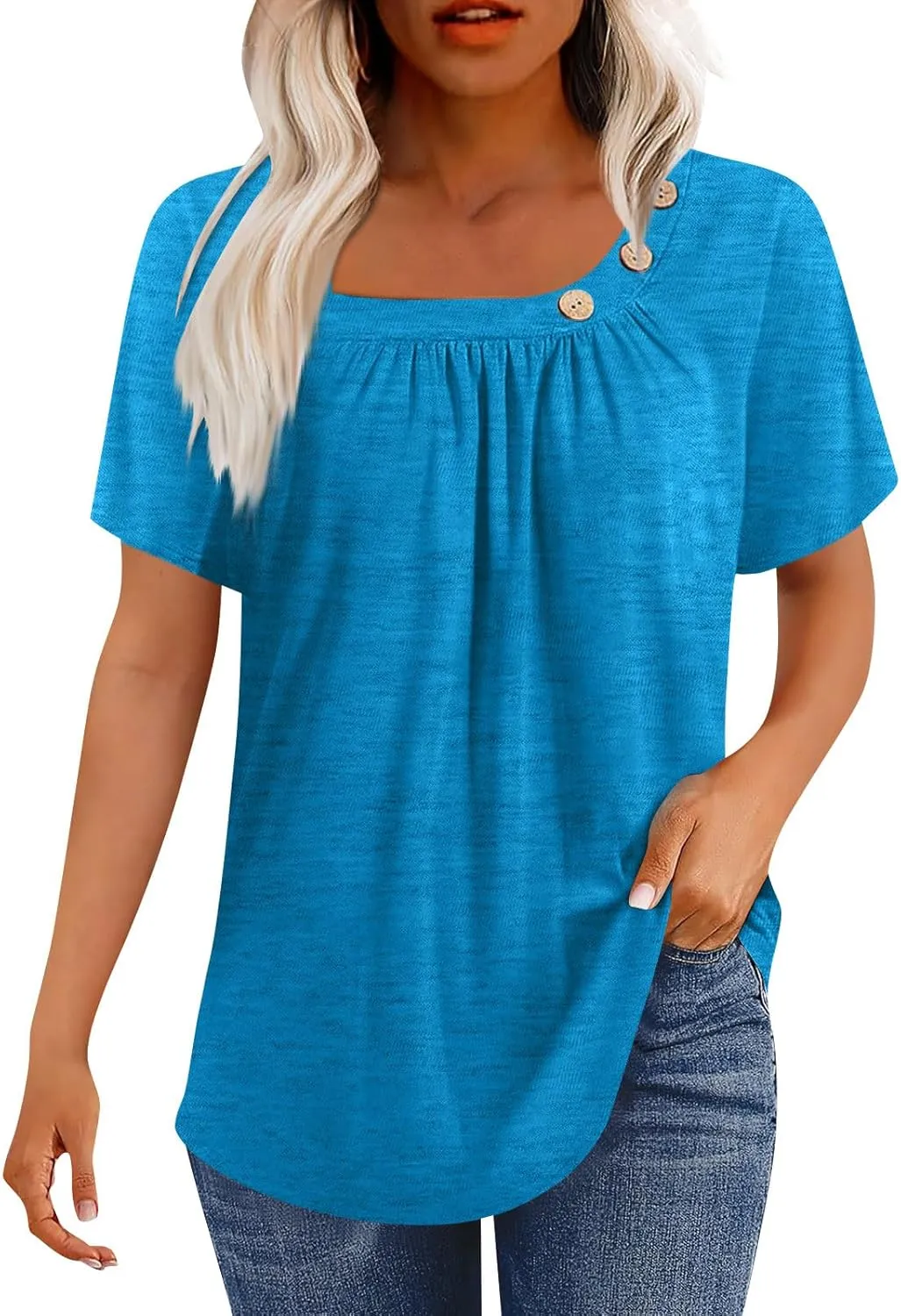 Summer Tops for Women 2025 Short Sleeve Shirts Dressy Casual Loose Fitted T-Shirts Button Decor Plain Tunic Tops Blouse