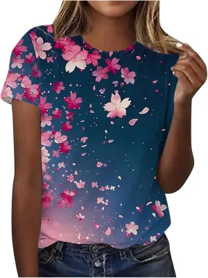 Summer Tops for Women 2025 Trendy Short Sleeve Boho Shirts Retro Floral Graphic Tees Plus Size Casual Crew Neck Tshirt
