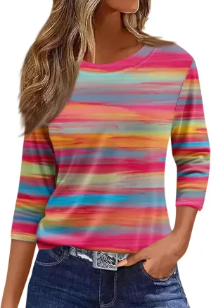 Tops for Women 3/4 Length Sleeve Crewneck Shirts 2024 Fall Casual Loose Fit Printed Blouse Cute Graphic Basic Tees