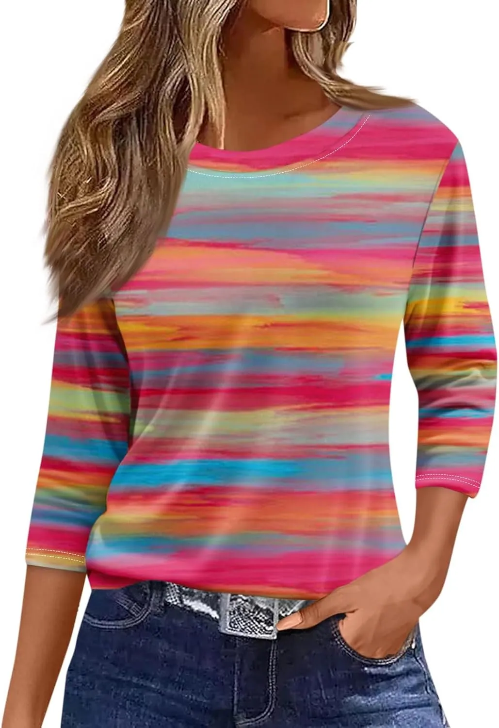 Tops for Women 3/4 Length Sleeve Crewneck Shirts 2024 Fall Casual Loose Fit Printed Blouse Cute Graphic Basic Tees