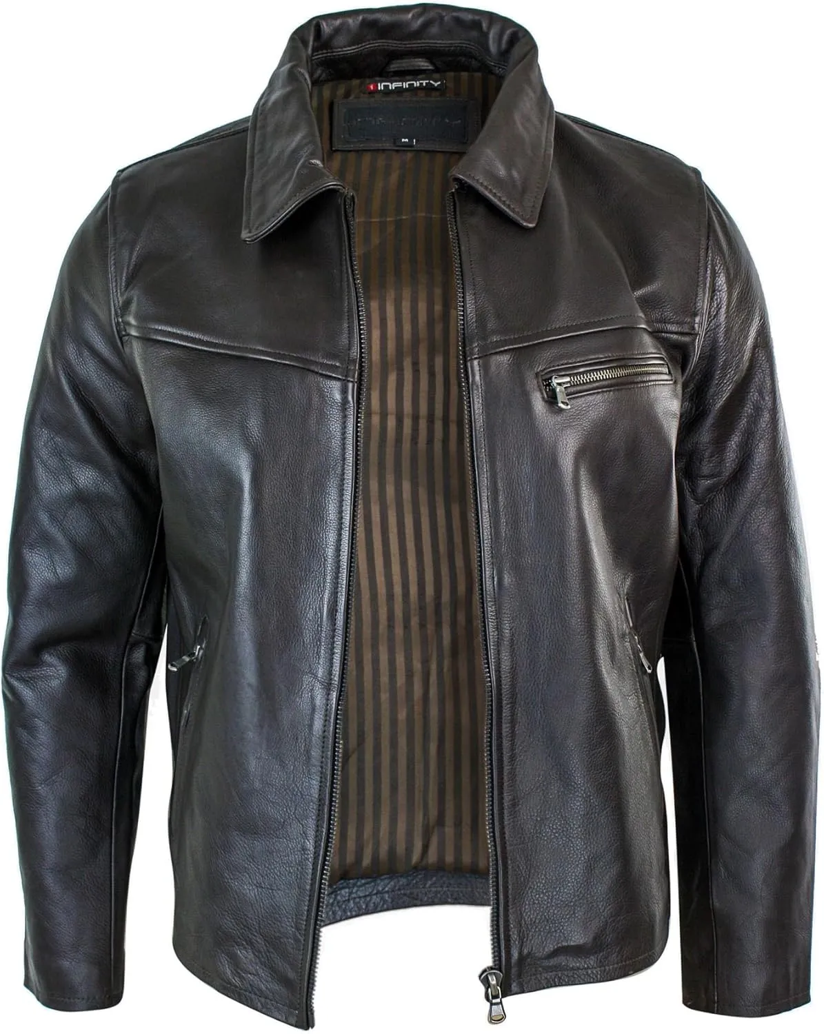 TruClothing Mens Classic Real Leather Soft Hide Zipped Collar Box Jacket Smart Casual Fit