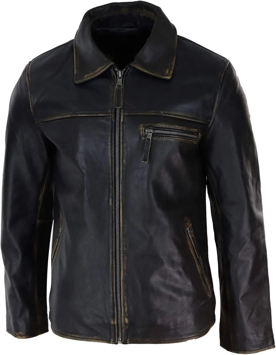 TruClothing Mens Classic Real Leather Soft Hide Zipped Collar Box Jacket Smart Casual Fit