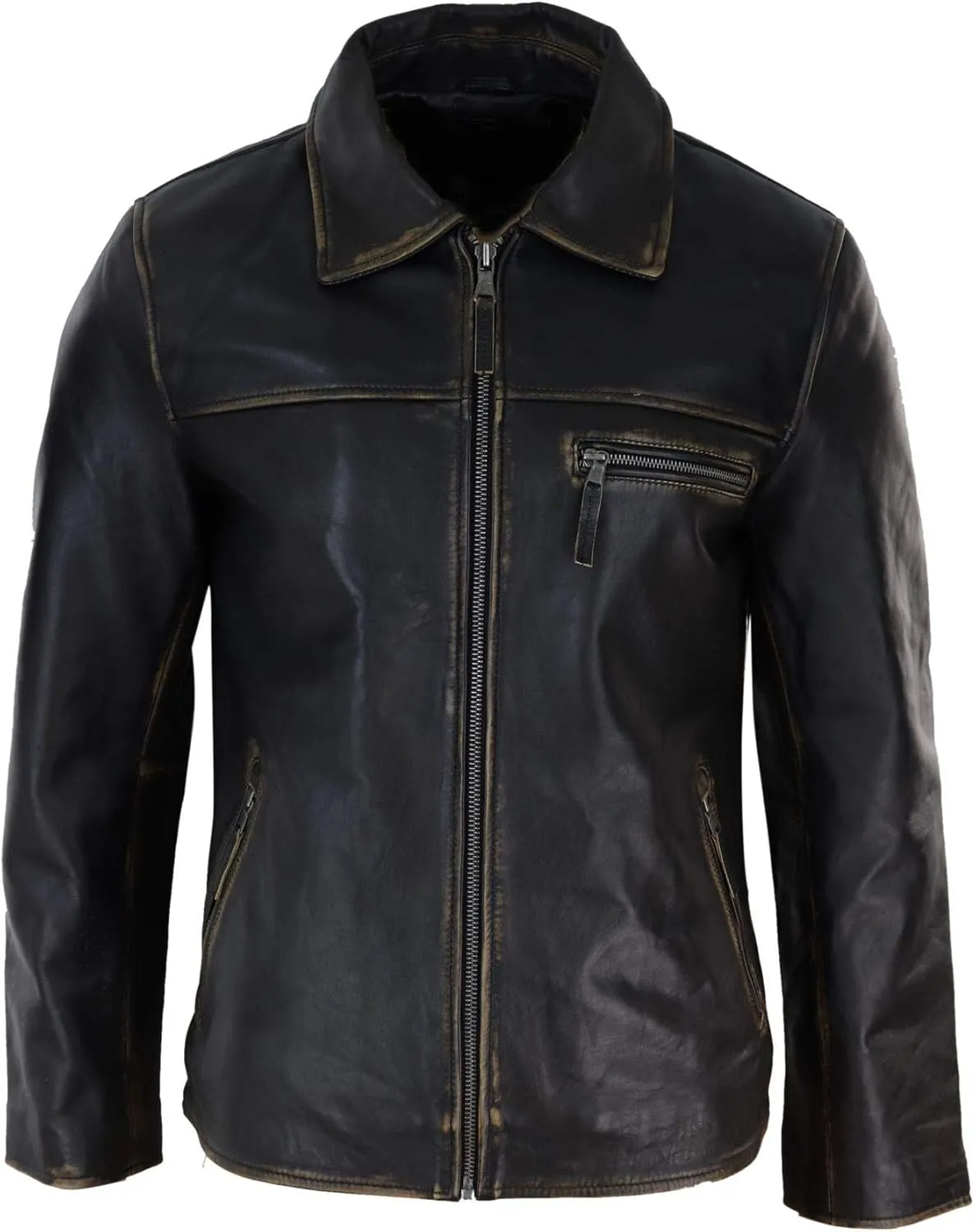 TruClothing Mens Classic Real Leather Soft Hide Zipped Collar Box Jacket Smart Casual Fit
