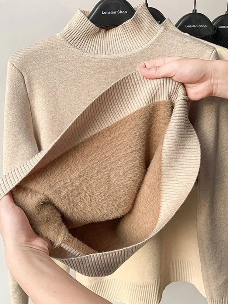 Warm Winter Women Sweater Pullover Thick Plush Knitted Jumper Black Casual Turtleneck Basic Tops Korean Simple Sweater