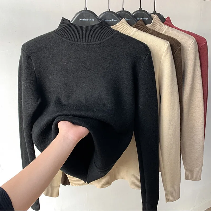 Warm Winter Women Sweater Pullover Thick Plush Knitted Jumper Black Casual Turtleneck Basic Tops Korean Simple Sweater