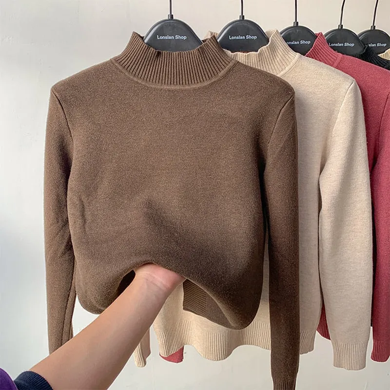 Warm Winter Women Sweater Pullover Thick Plush Knitted Jumper Black Casual Turtleneck Basic Tops Korean Simple Sweater