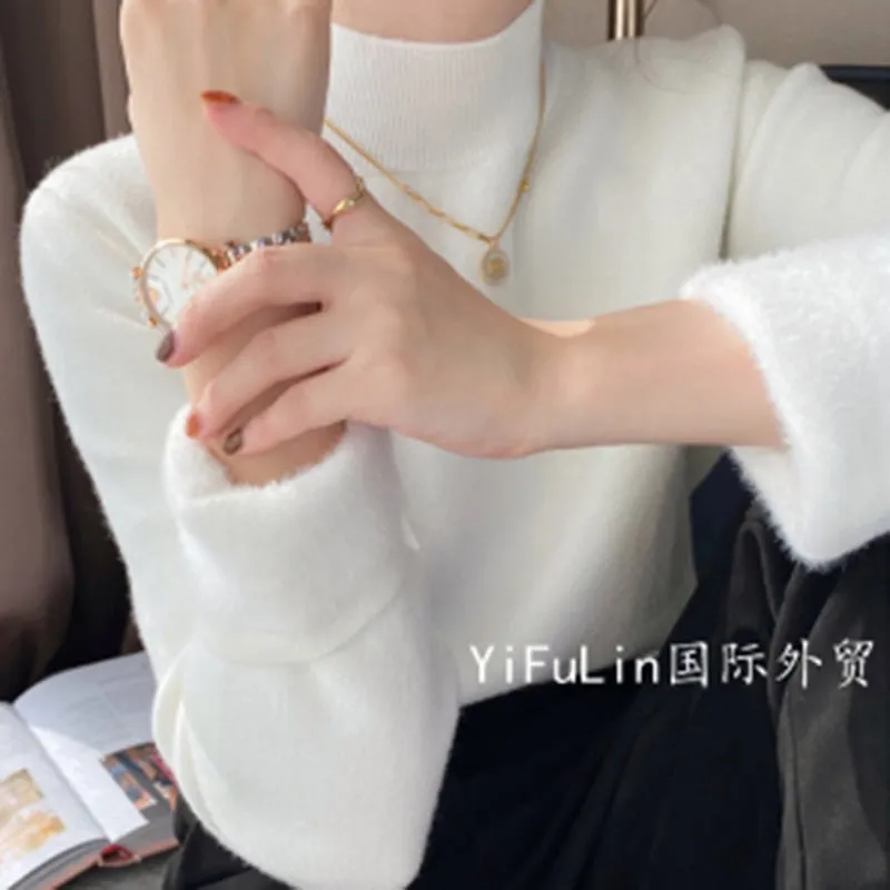 Warm Winter Women Sweater Pullover Thick Plush Knitted Jumper Black Casual Turtleneck Basic Tops Korean Simple Sweater