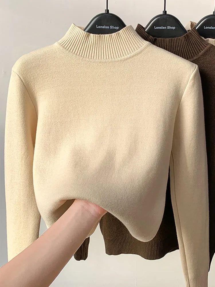 Warm Winter Women Sweater Pullover Thick Plush Knitted Jumper Black Casual Turtleneck Basic Tops Korean Simple Sweater