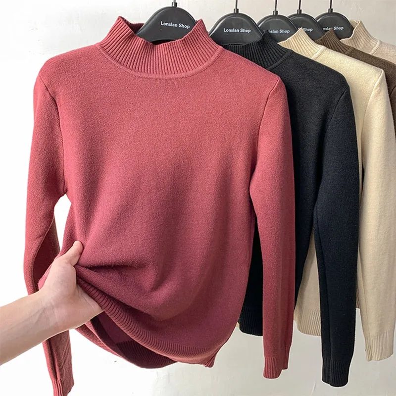 Warm Winter Women Sweater Pullover Thick Plush Knitted Jumper Black Casual Turtleneck Basic Tops Korean Simple Sweater