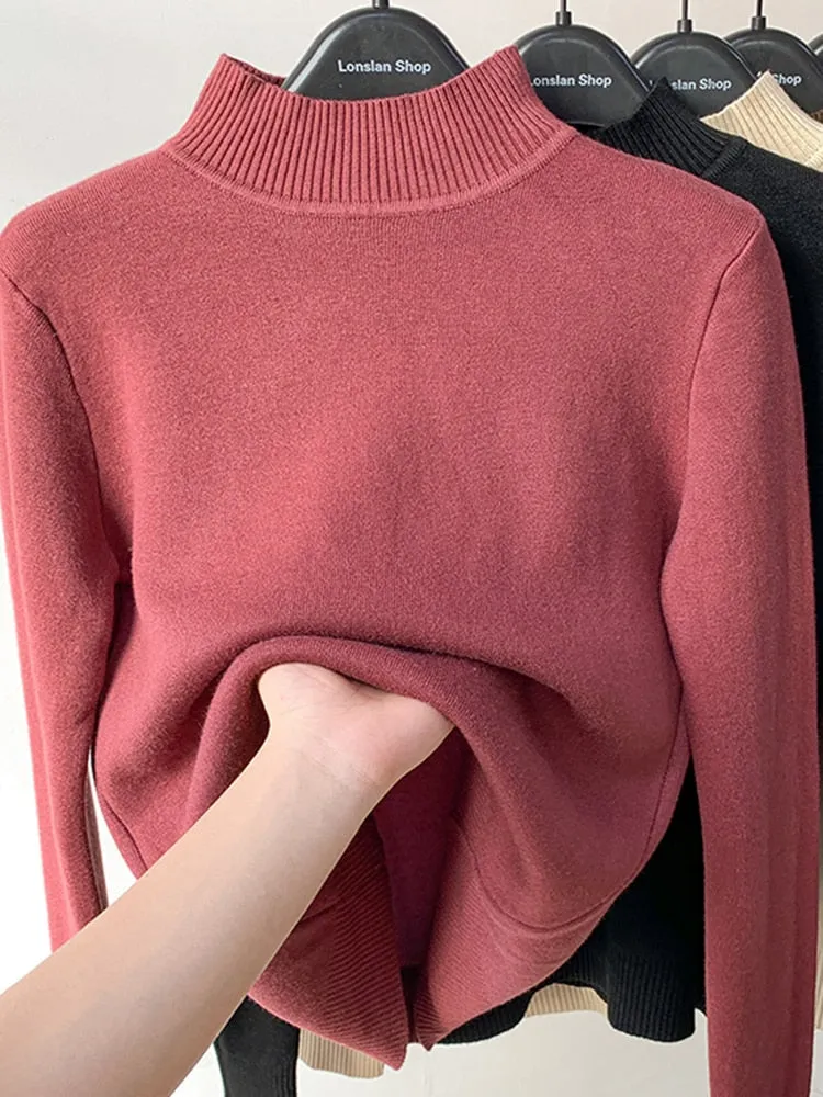 Warm Winter Women Sweater Pullover Thick Plush Knitted Jumper Black Casual Turtleneck Basic Tops Korean Simple Sweater