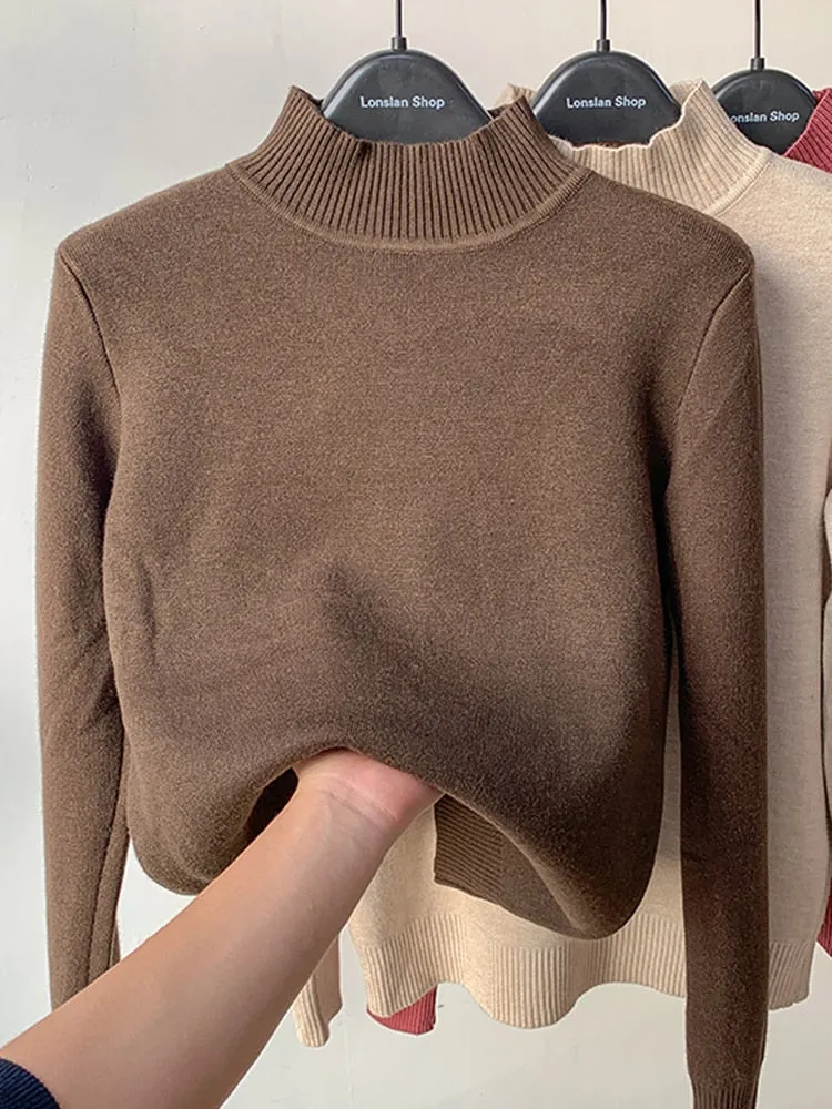 Warm Winter Women Sweater Pullover Thick Plush Knitted Jumper Black Casual Turtleneck Basic Tops Korean Simple Sweater